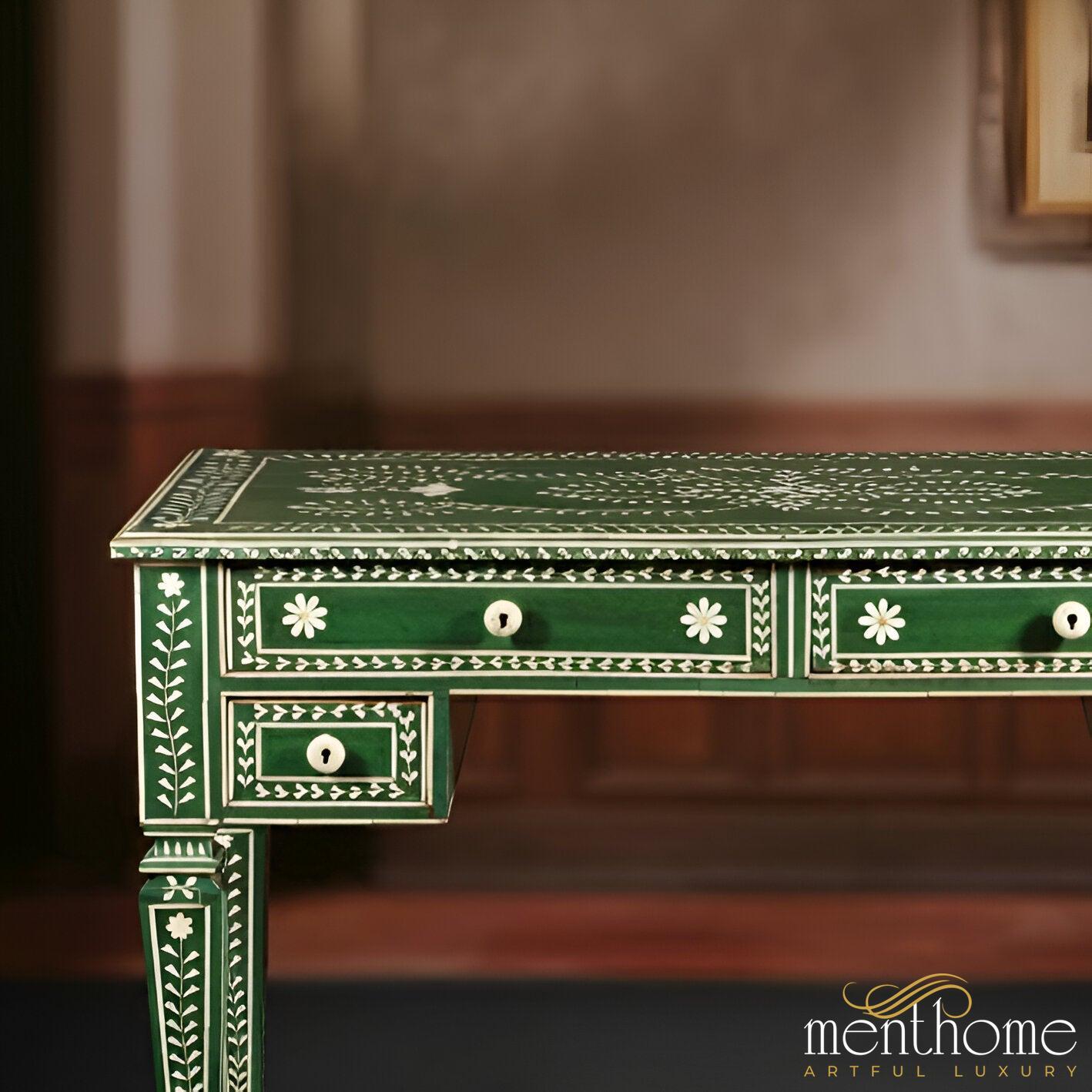 Bone Inlay Green Desk | Handcrafted Elegance | Intricate Design with Timeless Appeal | Perfect for Home or Office | Luxury Handmade Desk