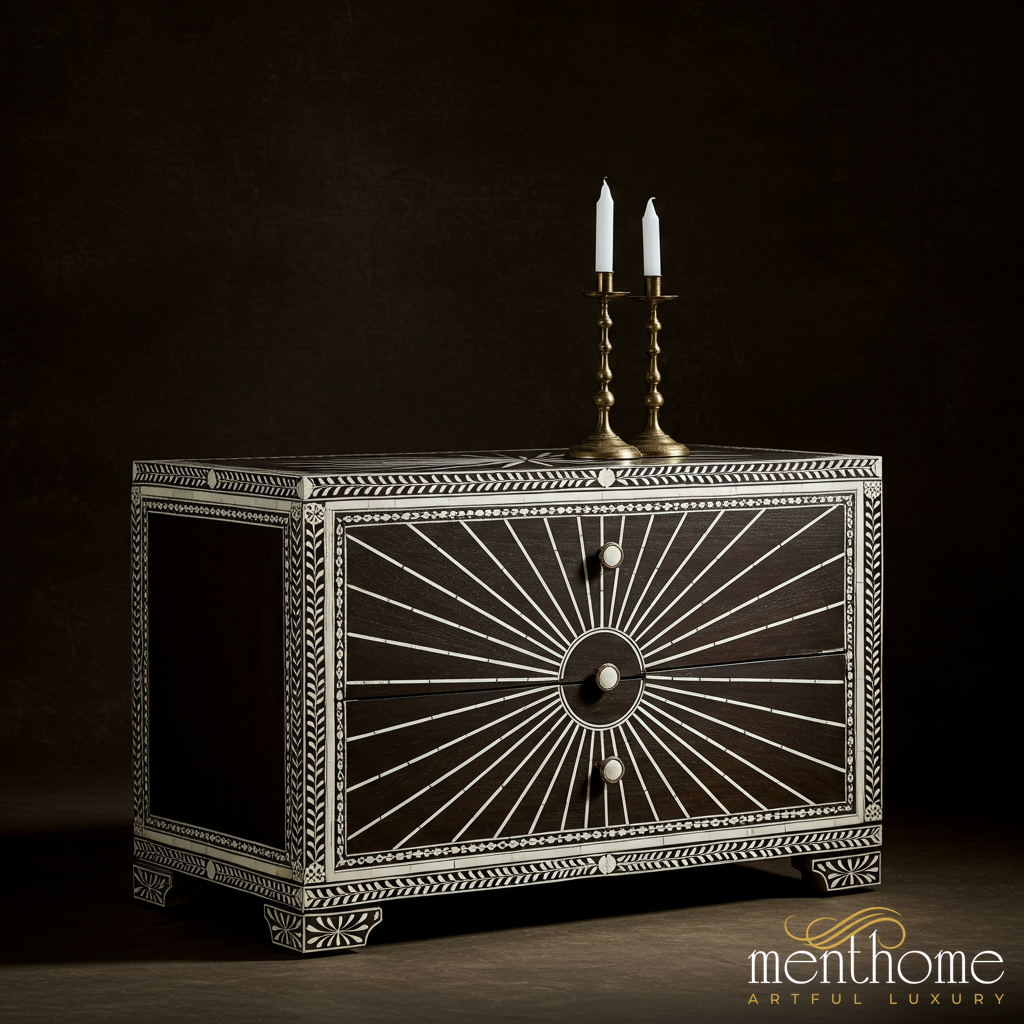 Elegant Dark Wood Chest with White Inlay Design | Luxury Handmade Chest of Drawer