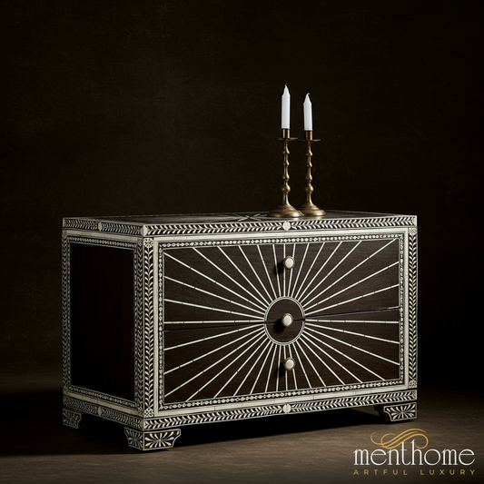 Elegant Dark Wood Chest with White Inlay Design | Luxury Handmade Chest of Drawer
