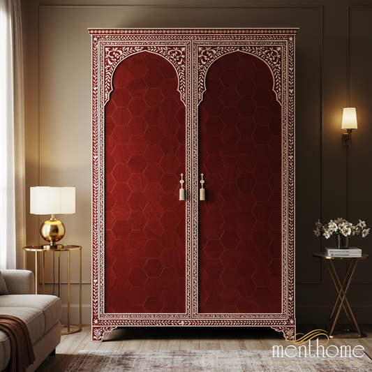 Handcrafted Indian Bone Inlay Wooden Wardrobe | Luxury Handmade Wardrobe