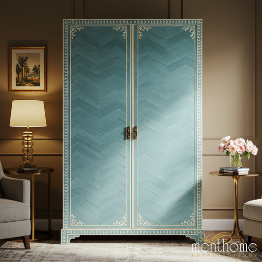 Elegant Blue Decorative Wardrobe Cabinet | Luxury Handmade Wardrobe