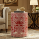 Elegant Red Floral Ceramic Drum Stool | Luxury Handmade Side Table