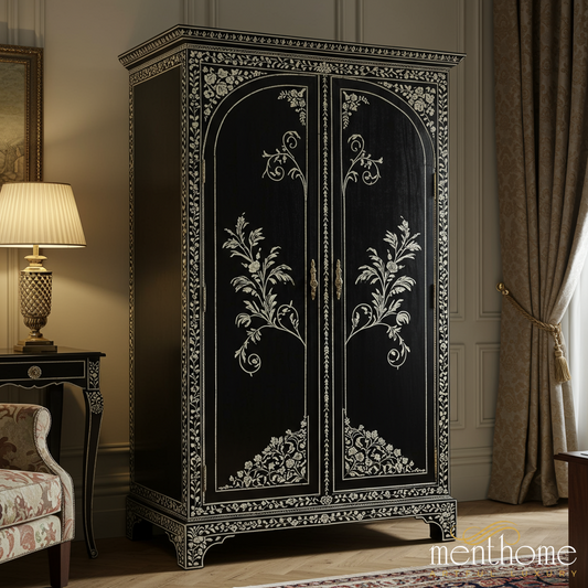 Elegant Black Floral Inlaid Wardrobe Armoire | Luxury Handmade Wardrobe