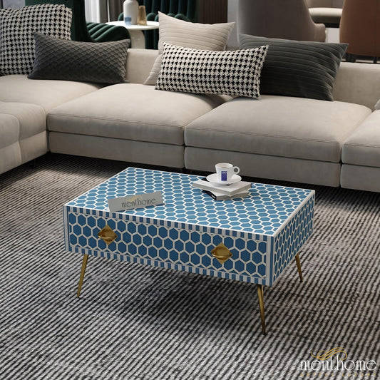 Bone Inlay Wooden Honeycomb Coffee Table | Luxury Handmade Coffee Table