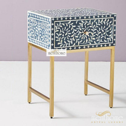 Bone inlay handmade orange bedside table, Bone inlay orange night stand, Bone inlay side table, Bone inlay furniture, Bone inlay lamp stand | Luxury Handmade Bedside Table