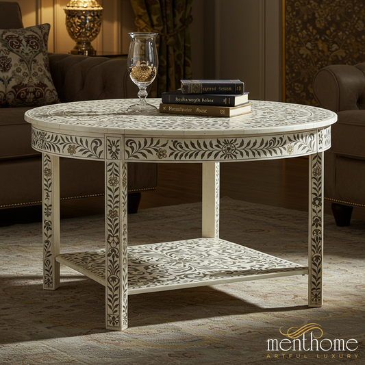 Handcrafted Bone Inlay Round Coffee Table | Luxury Handmade Coffee Table