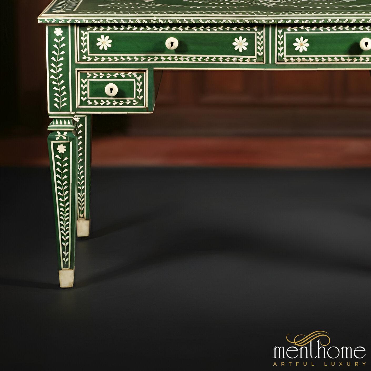 Bone Inlay Green Desk | Handcrafted Elegance | Intricate Design with Timeless Appeal | Perfect for Home or Office | Luxury Handmade Desk