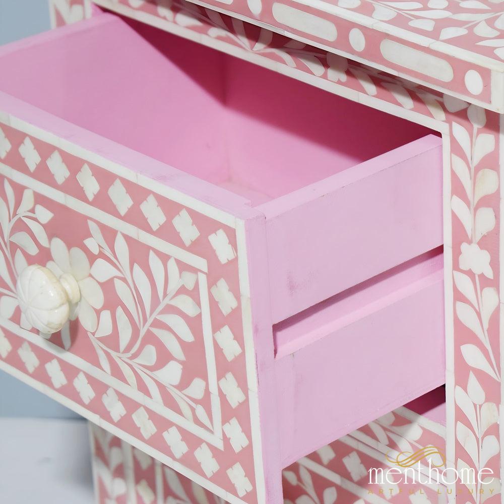 Dark Pink Bone Inlay Handmade Bedside Table with Two Drawers (Copy) | Luxury Handmade Bedside Table