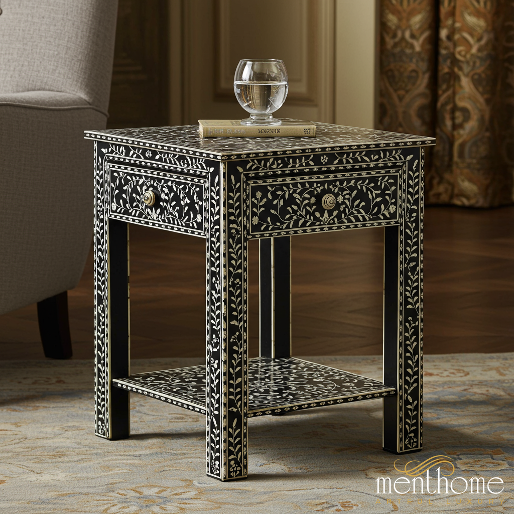 Intricate Bone Inlay Side Table | Luxury Handmade Side Table