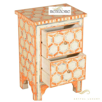 Bone inlay handmade orange bedside table, Bone inlay orange night stand, Bone inlay side table, Bone inlay furniture, Bone inlay lamp stand | Luxury Handmade Bedside Table