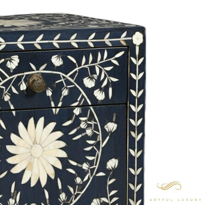 Handmade Floral Pattern Bone Inlay Bedside Table with One Drawer | Luxury Handmade Bedside Table