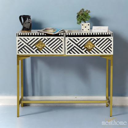 Optical Pattern 2 Drawers Bone Inlay Desk with Brass Leg | Luxury Handmade Desk