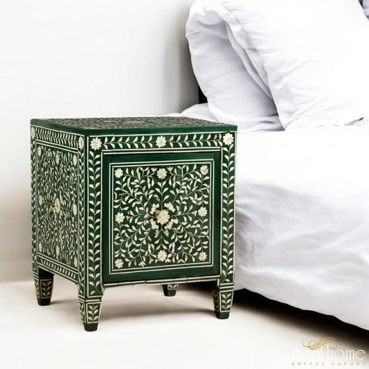 Bone Inlay Green Bedside Table with One Drawer | Luxury Handmade Bedside Table