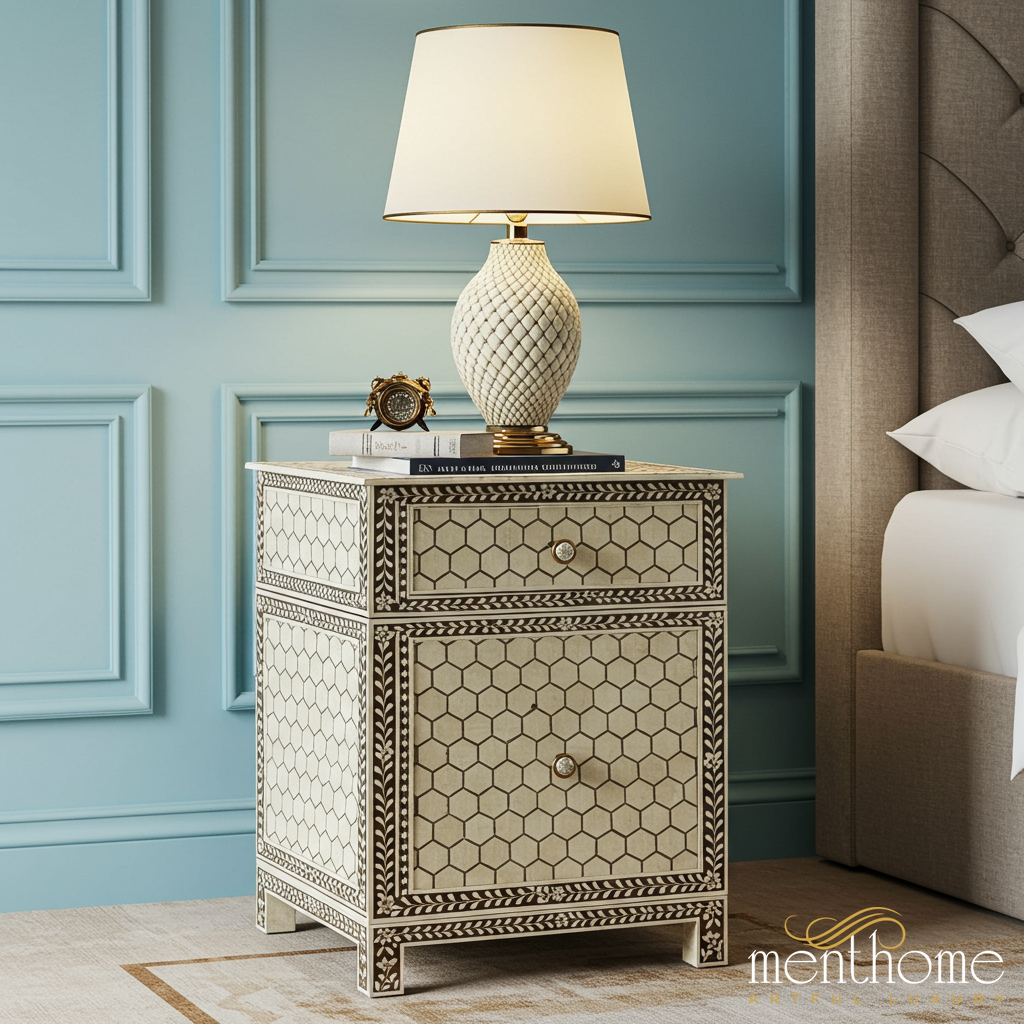Bedside Table Patterned Elegant Two-Drawer Bedside Table with Hexagonal Pattern | Luxury Handm ...