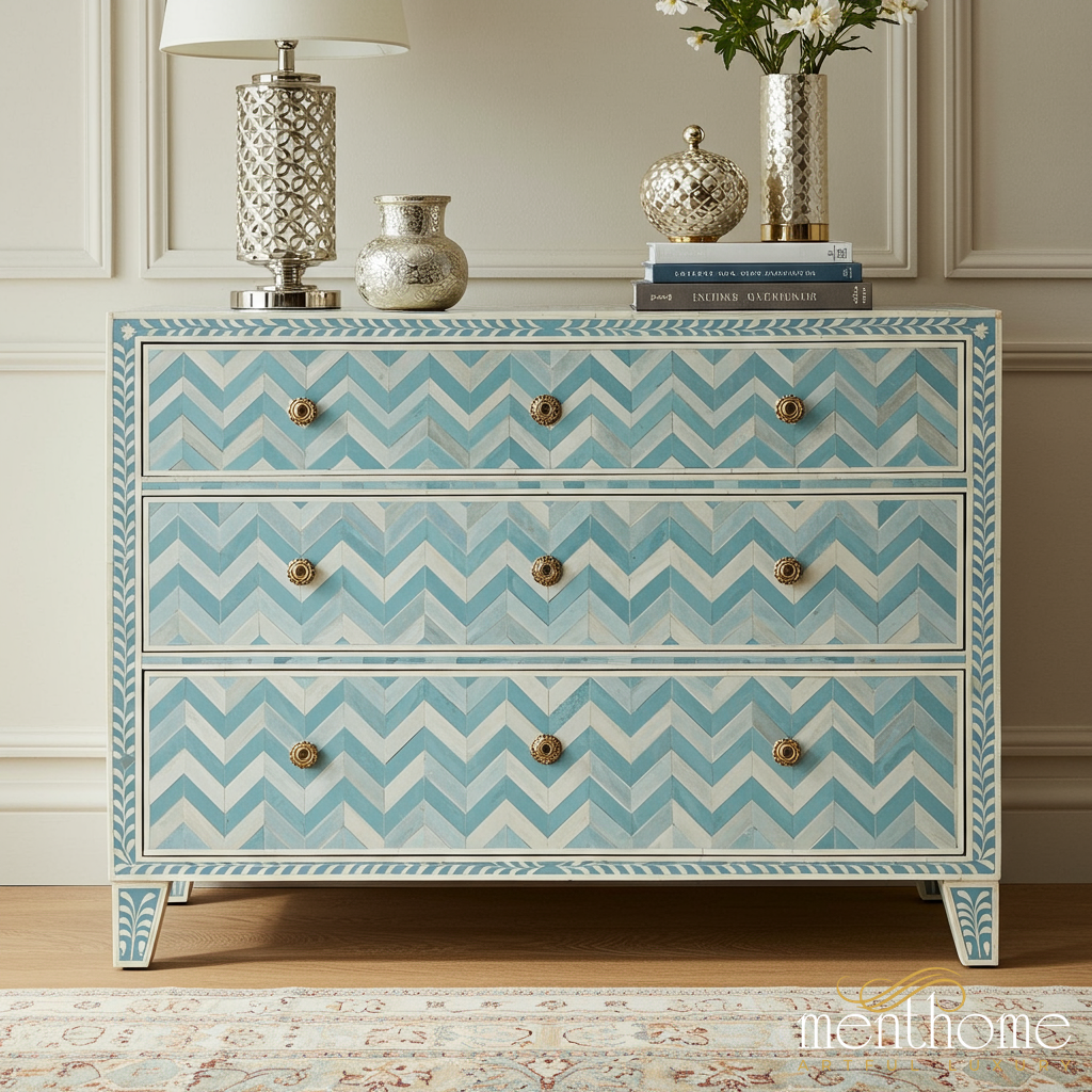 Blue Chevron Patterned Three-Drawer Chest | Luxury Handmade Dresser