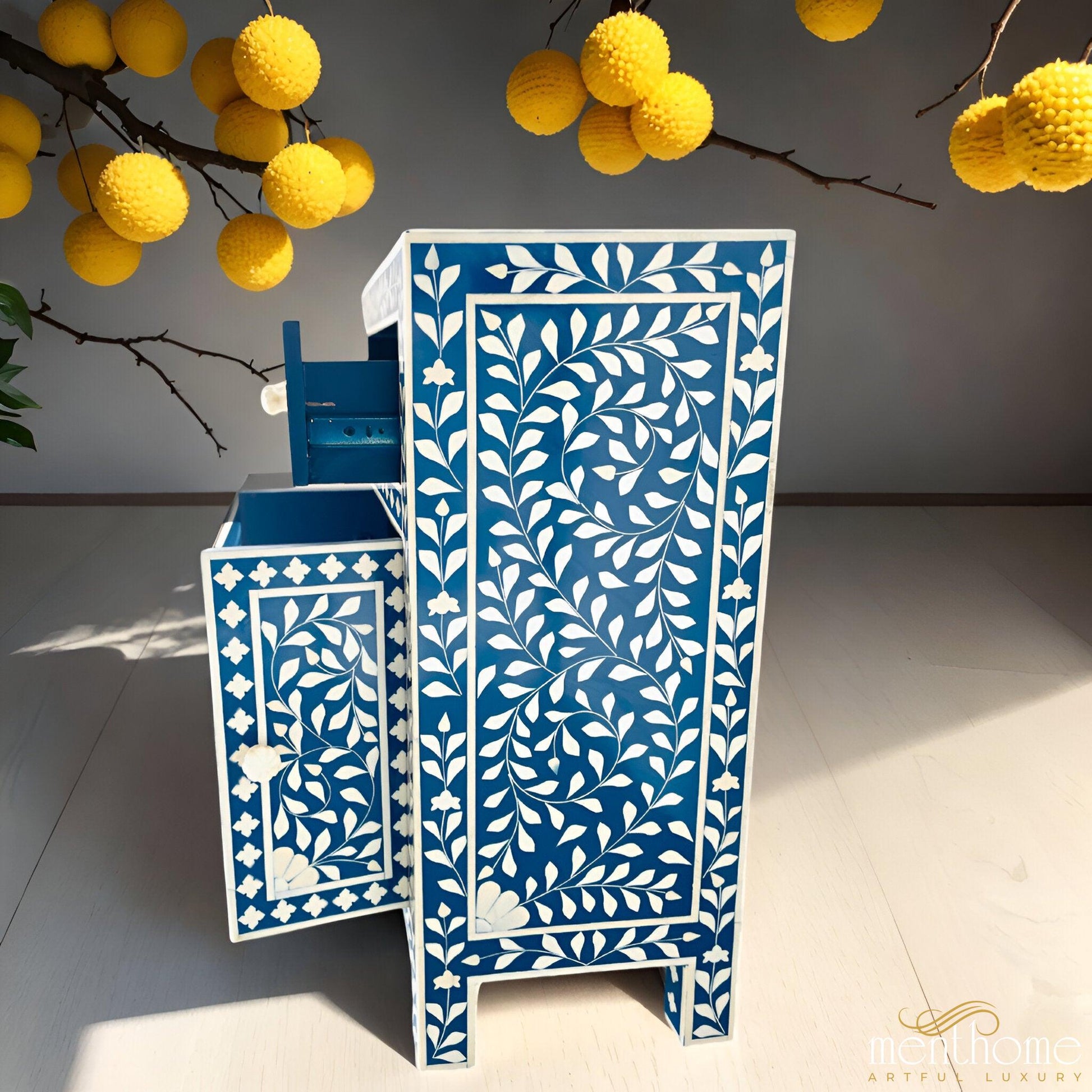 Blue Resin Floral Pattern Bedside Table with 1 Drawer and Door | Luxury Handmade Bedside Table
