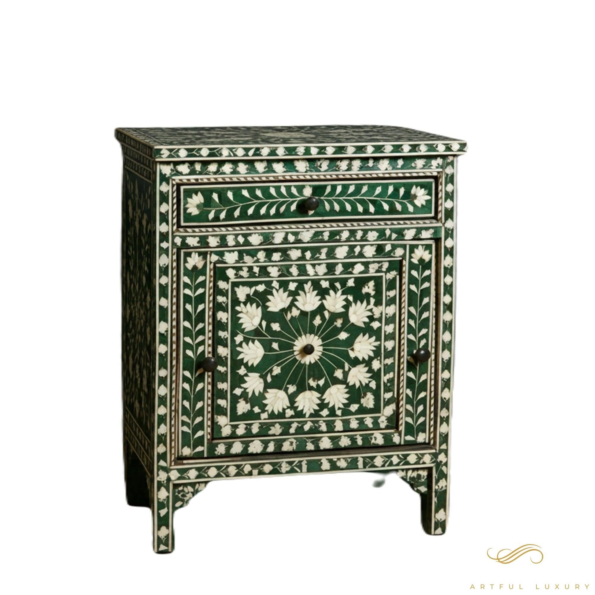 Handmade Bone Inlay Green Bedside Table with Two Drawers | Luxury Handmade Bedside Table