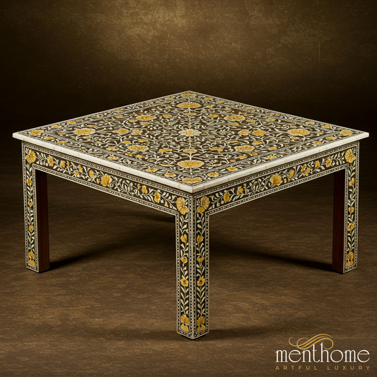 Handcrafted Floral Inlay Wooden Coffee Table | Luxury Handmade Coffee Table