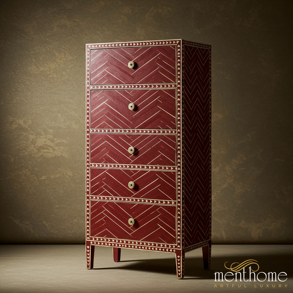 Red Wooden Tall Chest of Drawers with Geometric Inlay Design | Luxury Handmade Tallboy