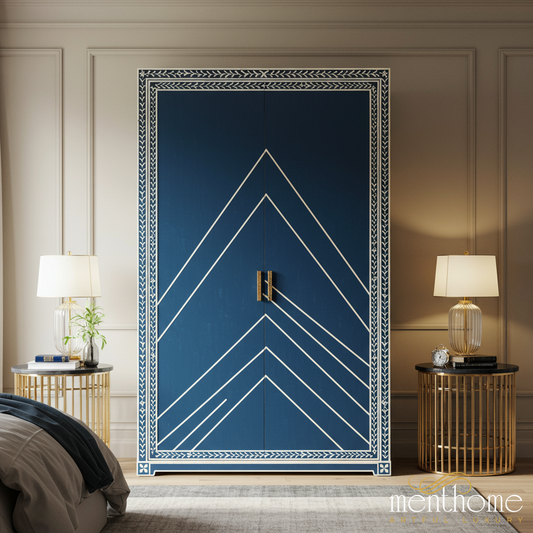 Elegant Blue and White Geometric Wardrobe | Luxury Handmade Wardrobe