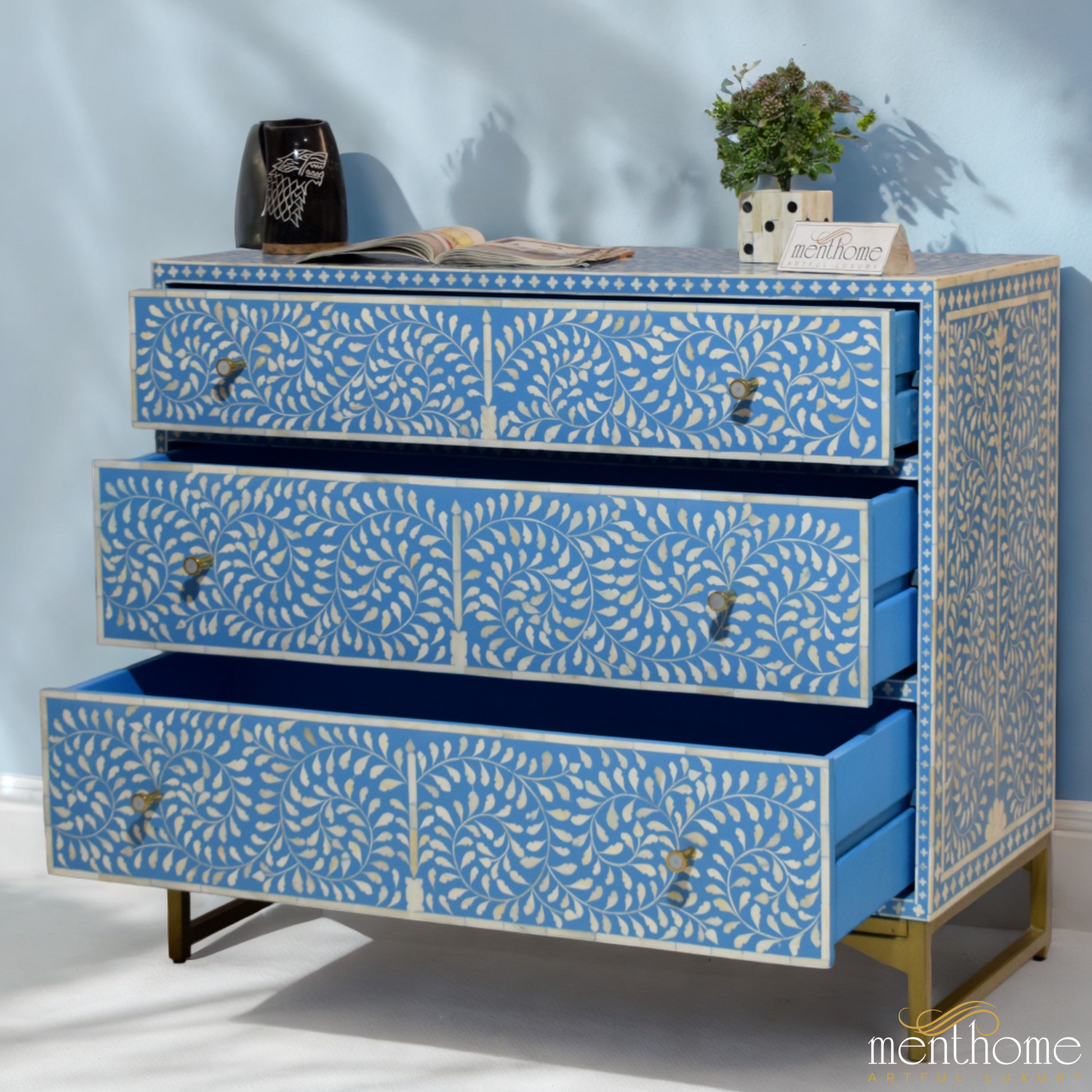 Bone Inlay Dressers Blue Floral 3-drawers with brass leg | Luxury Handmade Dresser
