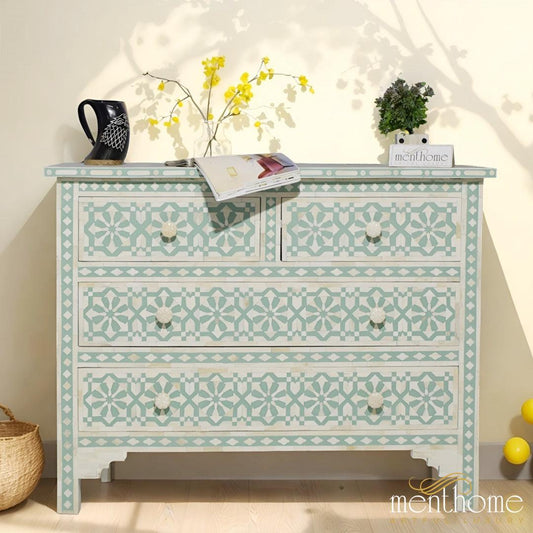 Arrow Pattern Bone Inlay Dresser with Four Drawers | Luxury Handmade Dresser