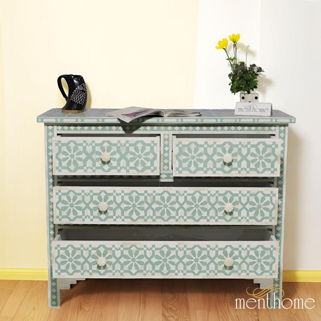 Arrow Pattern Bone Inlay Dresser with Four Drawers | Luxury Handmade Dresser