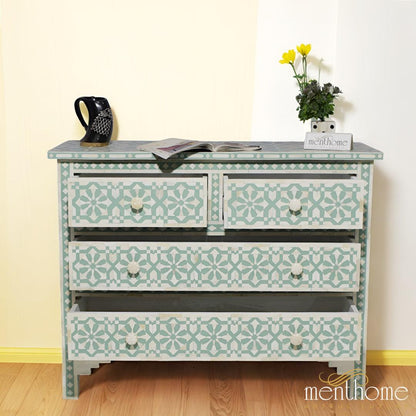 Arrow Pattern Bone Inlay Dresser with Four Drawers | Luxury Handmade Dresser