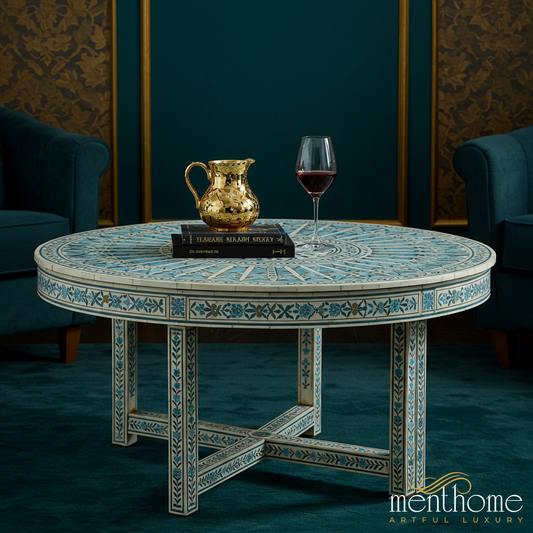 Handcrafted Blue and White Mosaic Round Coffee Table | Luxury Handmade Coffee Table