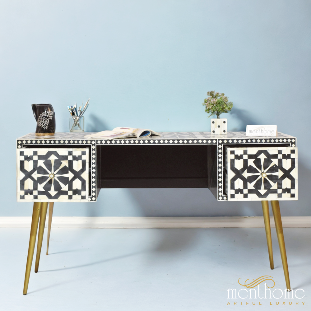 Black Bone Inlay 2-drawers Moroccan desk | Luxury Handmade Desk