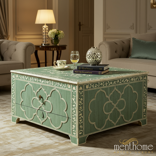 Vintage Green Decorative Wooden Coffee Table with Floral Inlay | Luxury Handmade Coffee Table