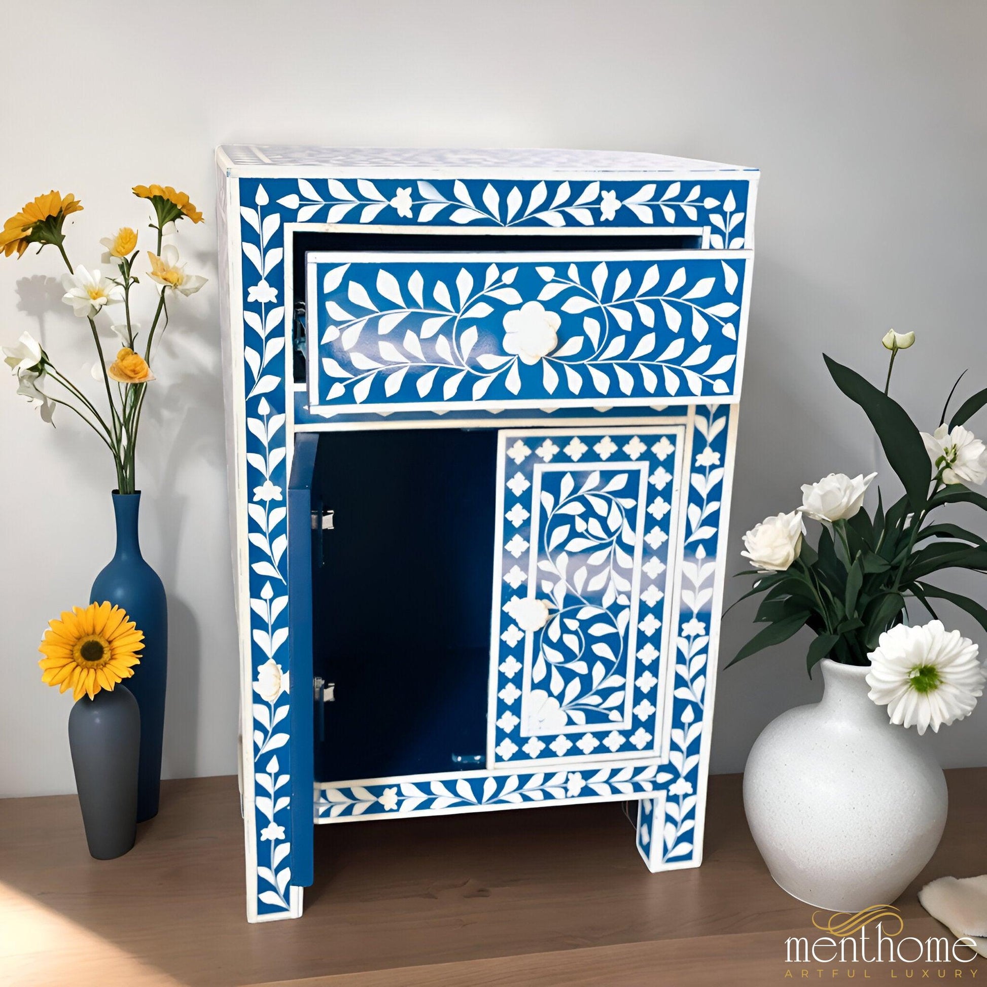 Blue Resin Floral Pattern Bedside Table with 1 Drawer and Door | Luxury Handmade Bedside Table