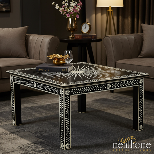 Elegant Black and White Floral Inlay Coffee Table | Luxury Handmade Coffee Table