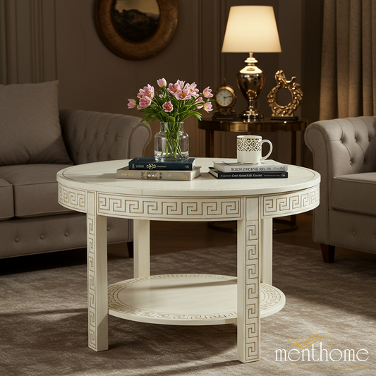Classic Round Coffee Table with Greek Key Design | Luxury Handmade Coffee Table