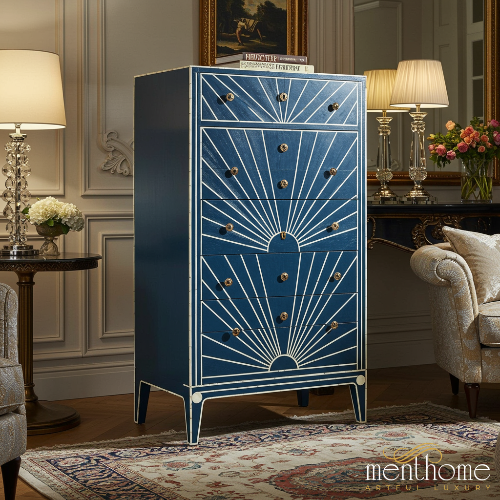 Elegant Blue and White Decorative Chest of Drawers | Luxury Handmade Tallboy