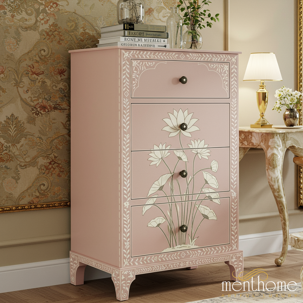 Hand-Painted Floral Pink Chest of Drawers | Luxury Handmade Tallboy