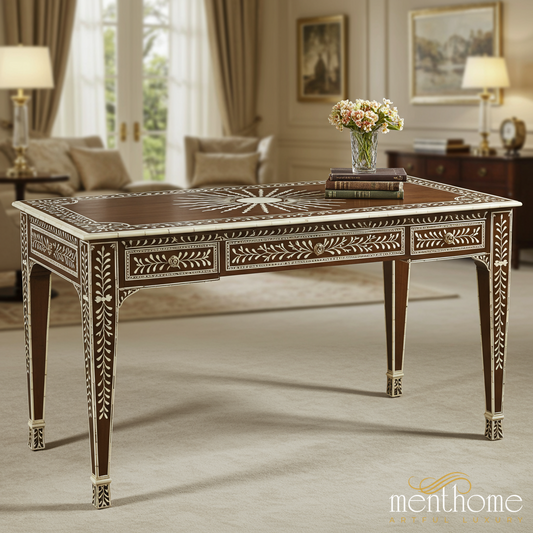 Elegant Handcrafted Inlay Wooden Writing Desk | Luxury Handmade Desk