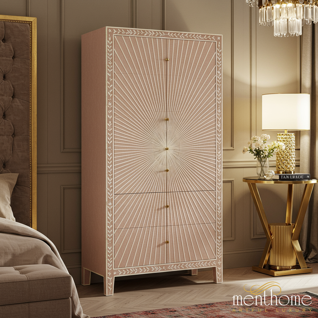 Elegant Sunburst Patterned Tall Storage Cabinet | Luxury Handmade Tallboy