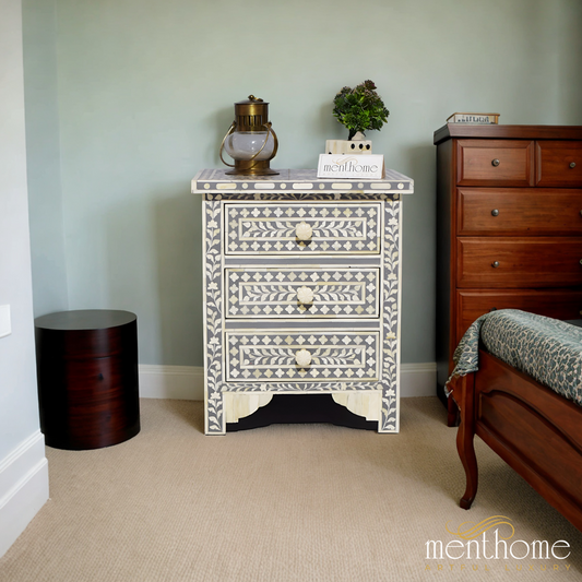 Grey Bedside Table adorned with a graceful Leaf Pattern | Luxury Handmade Bedside Table