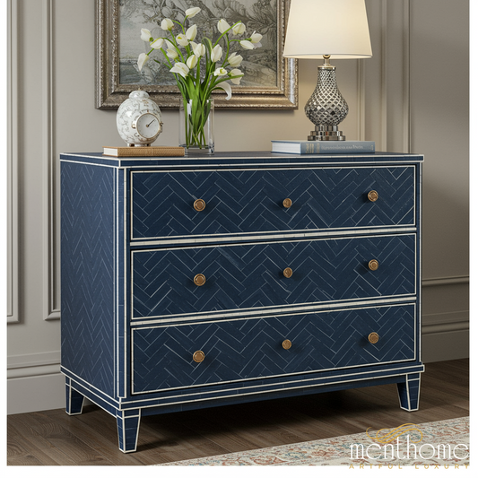 Navy Blue Three-Drawer Chest with Bone Inlay | Luxury Handmade Chest of Drawer