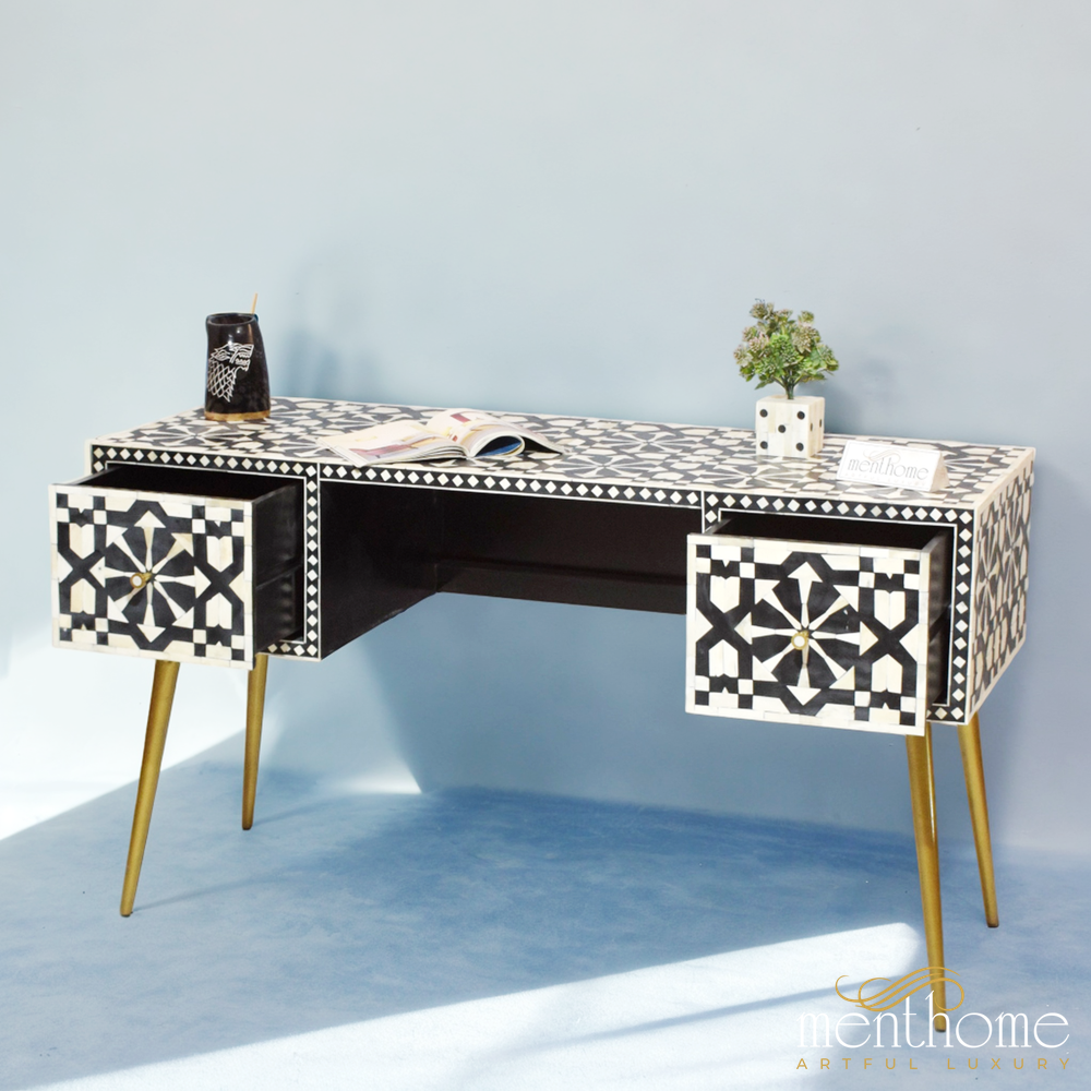 Black Bone Inlay 2-drawers Moroccan desk | Luxury Handmade Desk