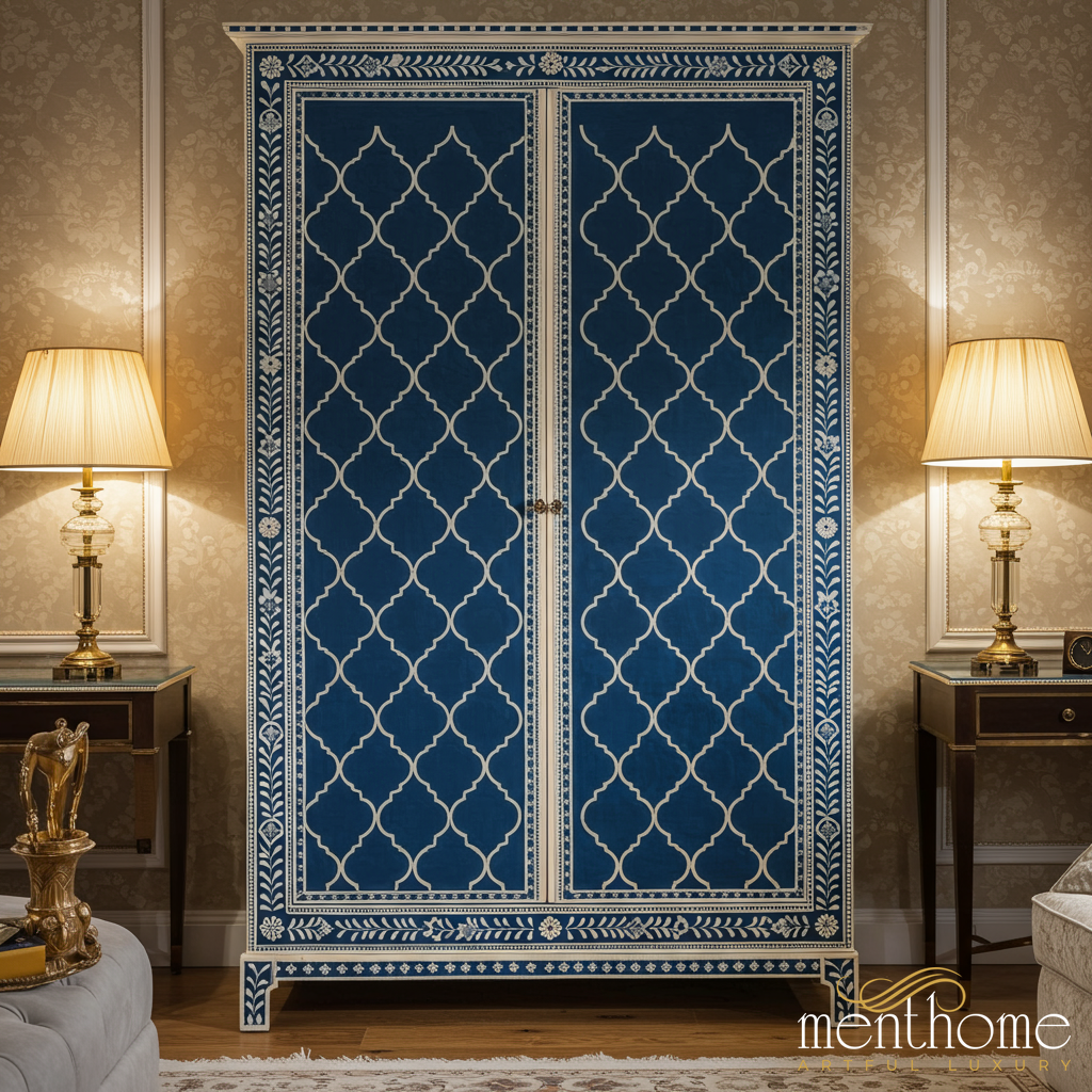Elegant Blue and White Decorative Wardrobe | Luxury Handmade Wardrobe
