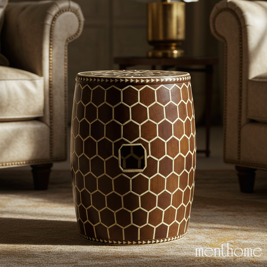 Hexagon Pattern Wooden Garden Stool | Luxury Handmade Stool