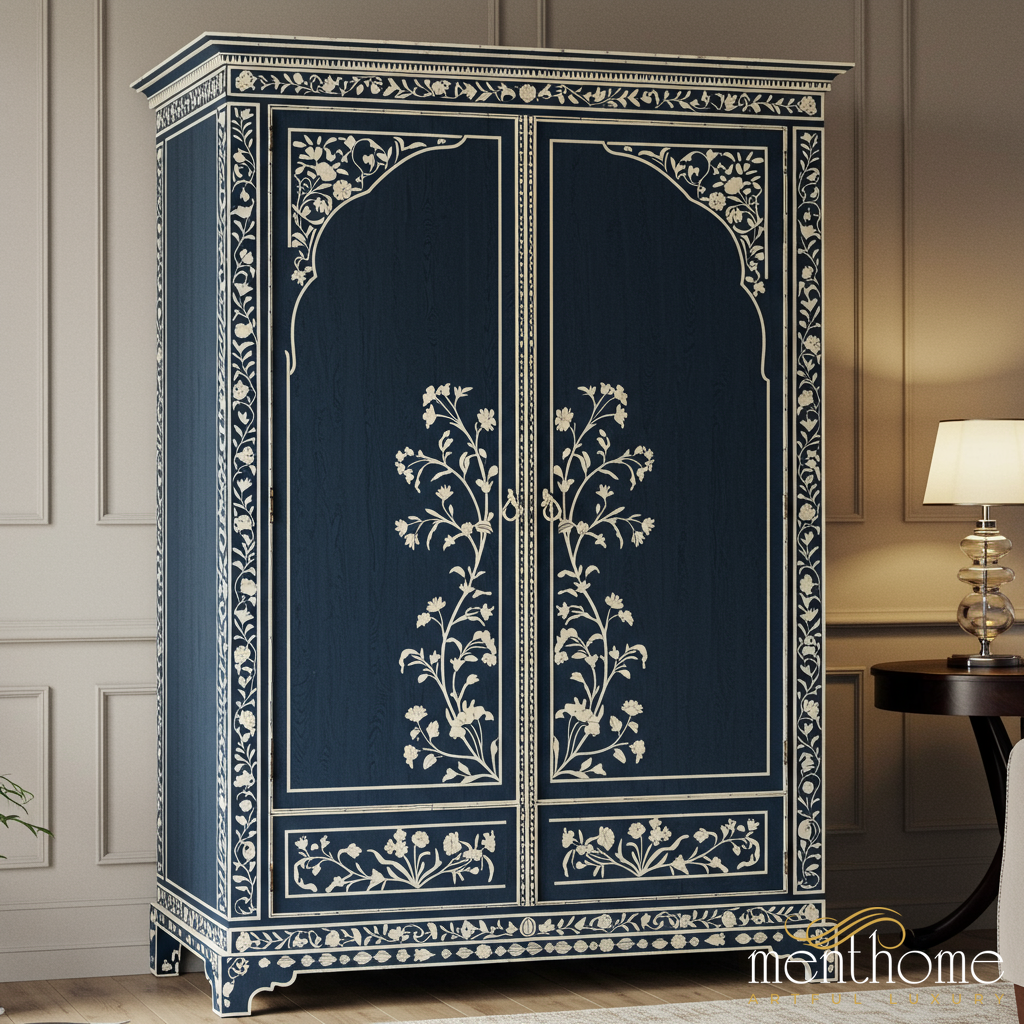 Handcrafted Blue Floral Inlay Wooden Wardrobe | Luxury Handmade Wardrobe