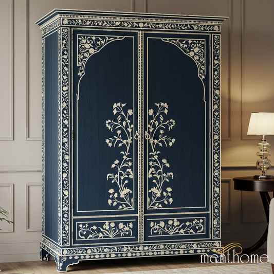 Handcrafted Blue Floral Inlay Wooden Wardrobe | Luxury Handmade Wardrobe