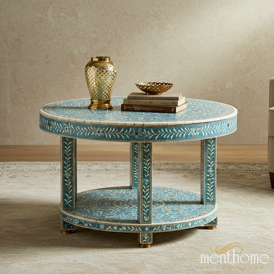 Hand-Painted Blue Floral Round Coffee Table | Luxury Handmade Coffee Table