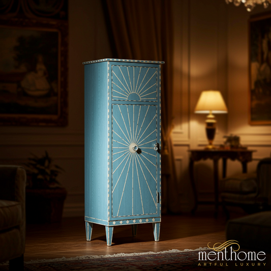 Elegant Blue Wooden Storage Cabinet with Sunburst Design | Luxury Handmade Tallboy