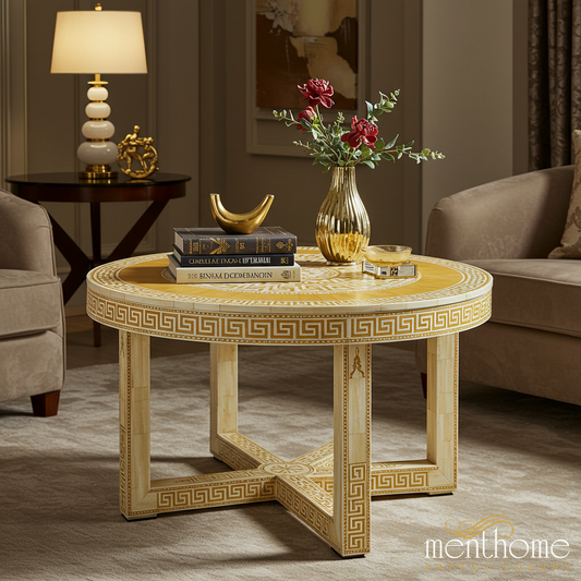 Elegant Round Coffee Table with Greek Key Inlay | Luxury Handmade Coffee Table