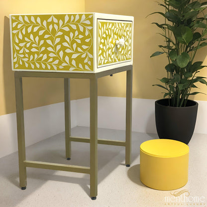 Floral Bedside Table Yellow Resin with Brass Stand | Luxury Handmade Bedside Table