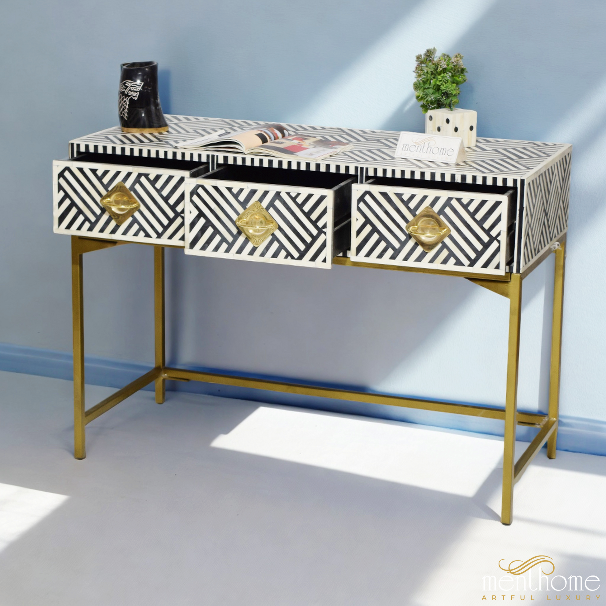 Black 3-Drawer Optical Pattern Bone Inlay Desk with Brass Leg | Luxury Handmade Desk